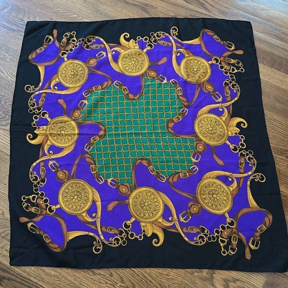 Vintage‎ large gold, purple,, green, brown & black bridle themed scarf